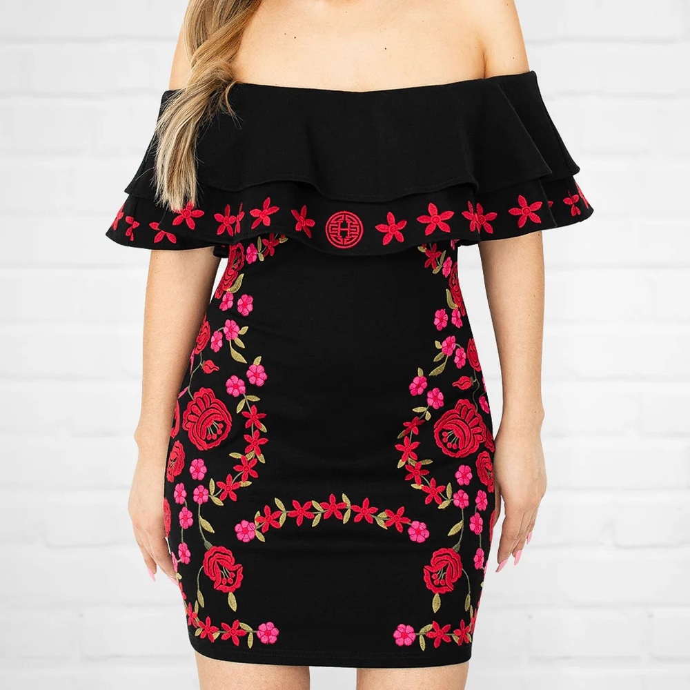 Off-Shoulder Black Dress with Pink & Red Floral Embroidery
